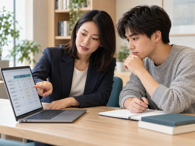Two people discussing study plans together at a computer