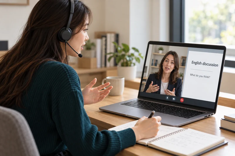 A learner wearing headphones talking with a teacher on a computer screen