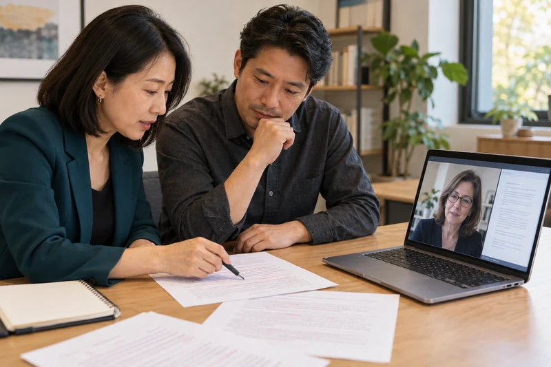 Two advisers discussing a draft with a mentor joining on screen